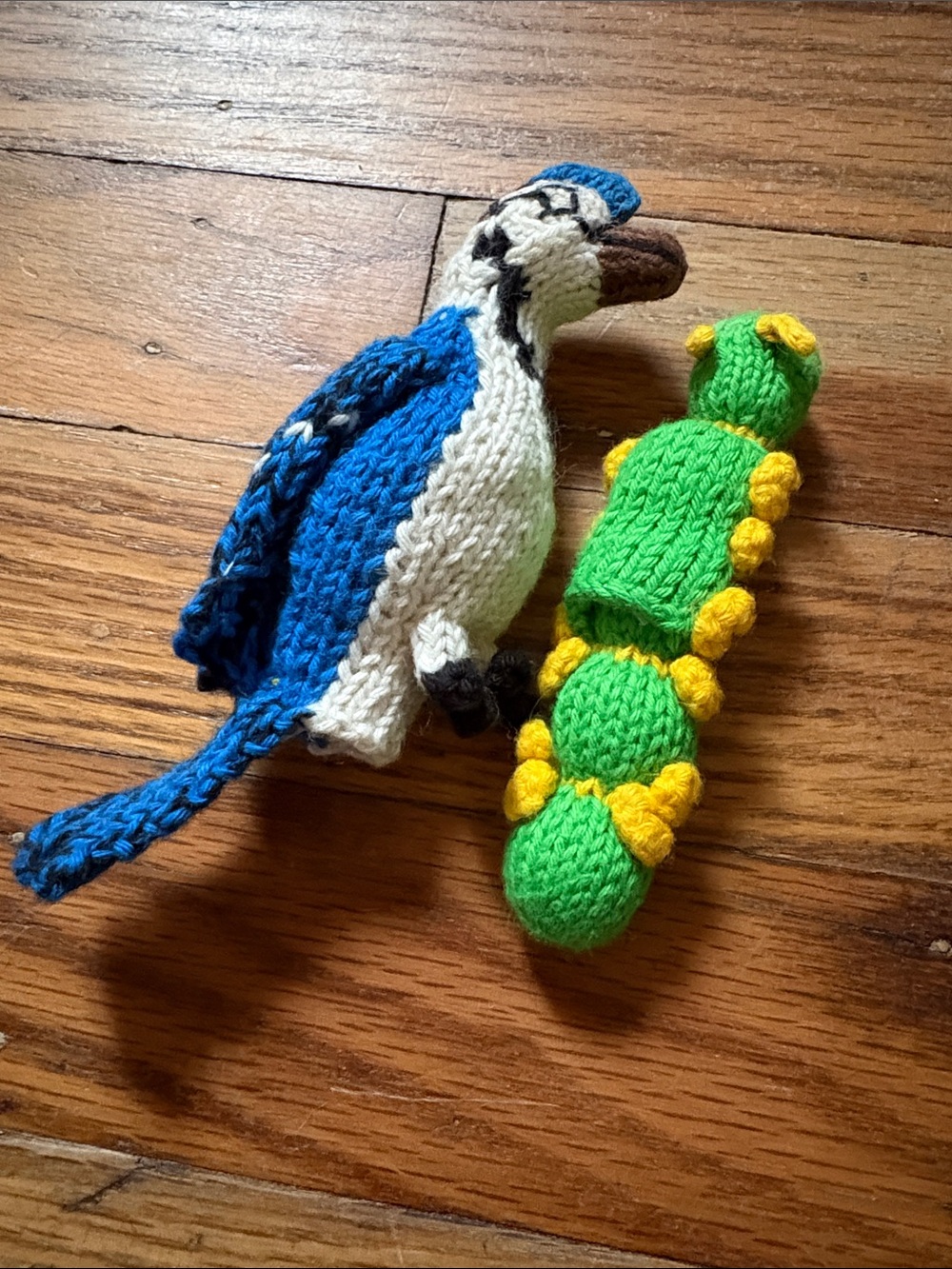 Set of 2 Hand-Knit Bluejay and Caterpillar Finger Puppets